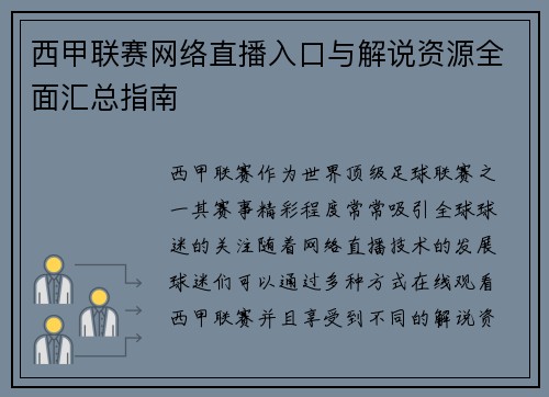 西甲联赛网络直播入口与解说资源全面汇总指南