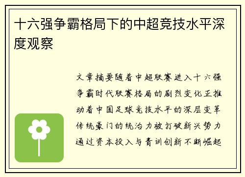 十六强争霸格局下的中超竞技水平深度观察