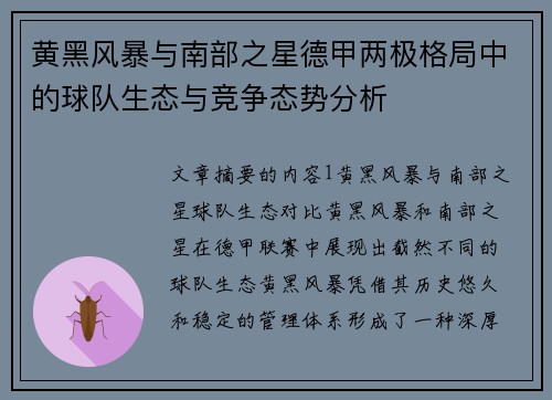 黄黑风暴与南部之星德甲两极格局中的球队生态与竞争态势分析